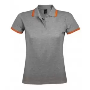 SOLS Womens/Ladies Pasadena Tipped Short Sleeve Pique Polo Shirt (M) (Grey Marl/Orange)