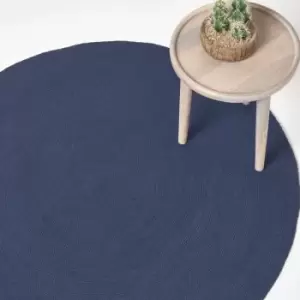 Navy Handmade Woven Braided Round Rug, 120cm - Blue - Homescapes