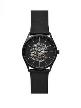 Skagen Black Skeleton Dial Black Leather Strap Mens Watch