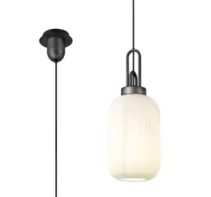 1 Light Pendant E27 20cm Tubular Ribbed Glass, Opal Black, Aged Pewter