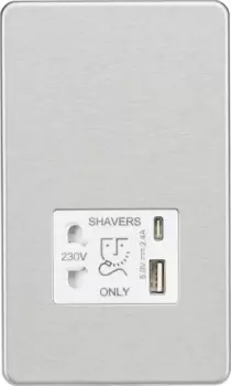 KnightsBridge Shaver socket with dual USB A+C (5V DC 2.4A shared) - brushed chrome with white insert