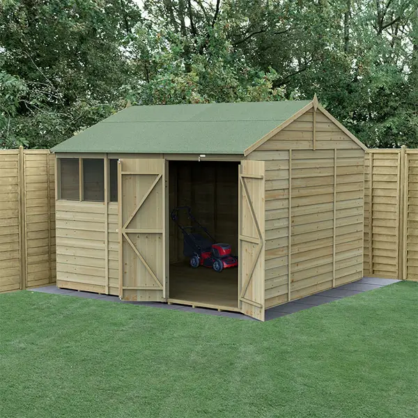 10' x 10' Forest 4Life 25yr Guarantee Overlap Pressure Treated Double Door Reverse Apex Wooden Shed - 4 Windows (3.21m x 3.01m)