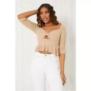 I Saw It First Stone Linen Look Frill Top - Brown