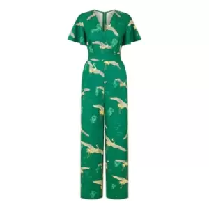 Yumi Green Crane Print Angel Sleeve Jumpsuit - Green