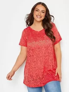 Yours Broidery Swing V-Neck Tee - Red, Size 38-40, Women