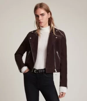 AllSaints Womens Caden Suede Biker Jacket, Oxblood Brown, Size: 14