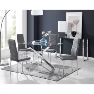 Furniturebox UK - Furniturebox Leonardo 4 Chrome Leg Glass Dining Table and 4 Grey Milan Velvet Dining Chairs Diamond Stitch Modern Contemporary