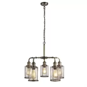 Pipes 5 Light Pendant Antique Brass, Glass Shade, E27