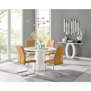 Furniturebox Palma White High Gloss 4 Seat Minimalist Post Modern Round Dining Table & 4 Mustard Lorenzo Faux Leather Chairs