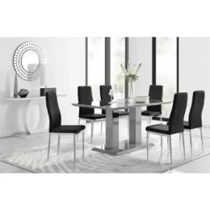 Furniturebox UK - Furniturebox Imperia 6 High Gloss Grey Modern Dining Table and 6 Black Milan Faux Leather Dining Chairs With Silver Legs Diamond