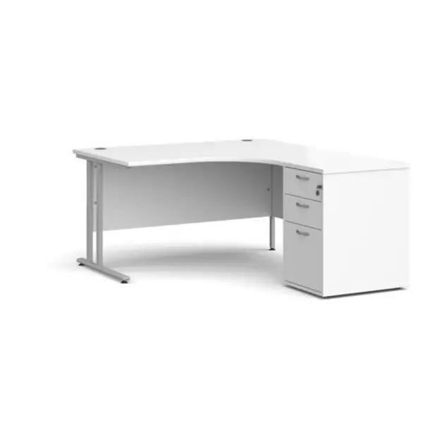 Office Desk Right Hand Corner Desk 1400mm With Pedestal White Top With Silver Frame Maestro 25