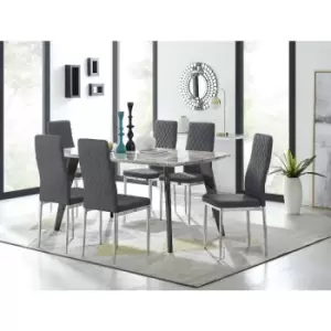 Furniturebox Andria Black Leg Marble Effect Dining Table and 6 Grey Velvet Milan Dining Chairs With Silver Legs