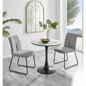 Furniturebox UK - Furniturebox Elina White Marble Effect Modern 80cm Round Dining Table & 2 Light Grey Halle Fabric Chairs