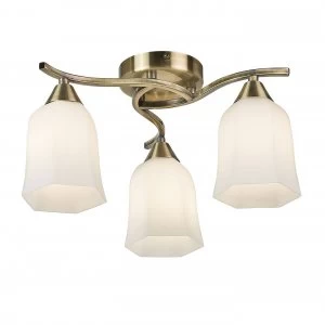 3 Light Semi Flush Multi Arm Ceiling Light Antique Brass, Opal Glass, E14