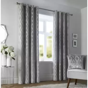 Curtina Marco Geometric Velvet Lined Eyelet Curtains - Silver - 90x90