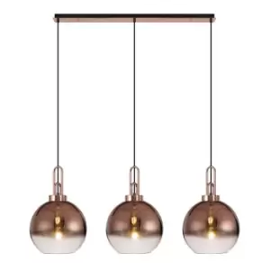 Luminosa Linear 3 Light Pendant E27 With 30cm Globe Glass, Copper, Clear Copper, Matt Black