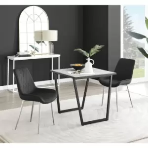 Furniturebox UK - Furniturebox Carson White Marble Effect Square Dining Table & 2 Black Pesaro Silver Leg Velvet Chairs