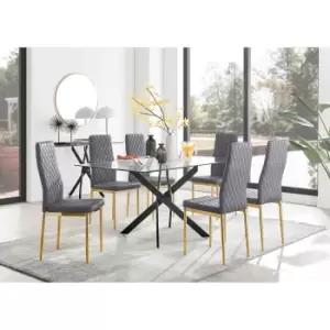 Furniture Box Leonardo Black Leg Glass Dining Table and 6 Grey Velvet Milan Gold Leg Chairs