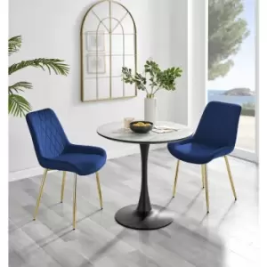 Furniturebox UK - Furniturebox Elina White Marble Effect Modern 80cm Round Dining Table & 2 Navy Pesaro Gold Leg Velvet Chairs