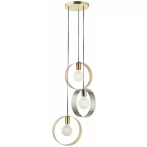 3 Bulb Multi Light Hanging Ceiling Pendant Brushed Copper Nickel & Brass Hoops