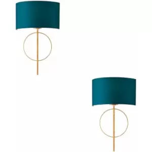 Loops - 2 pack Antique Gold Leaf Wall Light & Teal Satin Shade Dimmable Filament Lamp