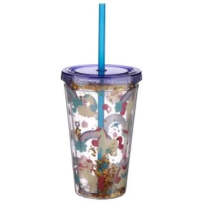 Unicorn Design Glitter Double Walled Cup with Lid and Straw