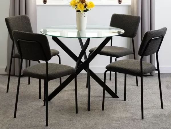 Seconique Sheldon Glass and Black Dining Table and 4 Grey Boucle Fabric Chairs