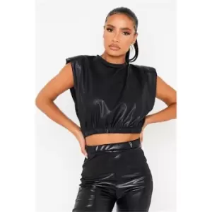 I Saw It First Black Faux Leather Padded Shoulder Crop Top - Black