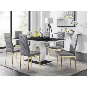 Furniturebox UK - Furniturebox Giovani 6 Black Dining Table & 6 Grey Milan Velvet Dining Chairs With Gold Legs Diamond Stitch Modern Contemporary