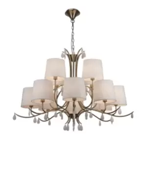 Andrea Ceiling Pendant 100cm Round, 8+4 x E14 (Max 20W), Antique Brass, White Shades, White Crystal Droplets