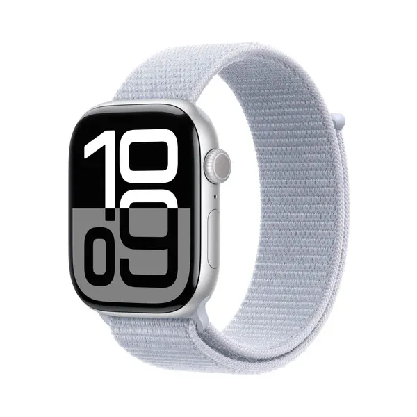 Apple Watch Series 10, 42mm, Silver Aluminium Case, GPS + Cellular [2024] - Blue Cloud Sport Loop