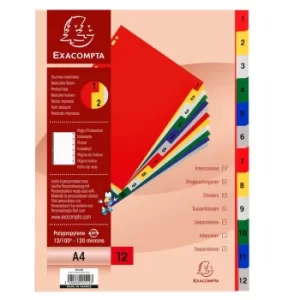 Exacompta Indices PP Dividers A4, 12 Part 1-12, Coloured Tabs, White, Pack of 20