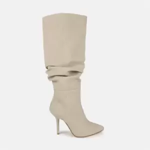 Missguided Faux Suede Ruched Knee High Heeled Boot - Neutral