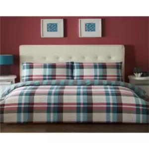 Bedmaker - Chequered Teal Single Quilt Duvet Cover Set Bedding Bed Set Checked - Red