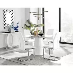 Furniturebox Palma White Marble Effect 120cm Round Minimalist Dining Table & 4 White Lorenzo Silver Leg Faux Leather Chairs