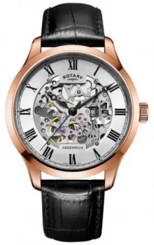 Rotary Mens Skeleton Automatic Rose Gold Brown Strap GS02942 Watch