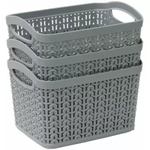 Knit Design Loop Plastic Set of 3 Rectangular Storage Baskets 1.5L, Grey 11 x 17 x 13cm - JVL