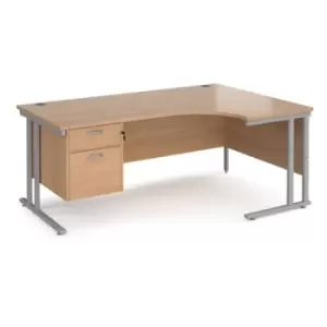 Office Desk Right Hand Corner Desk 1800mm With Pedestal Beech Top With Silver Frame 1200mm Depth Maestro 25 MC18ERP2SB