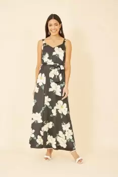 Black Satin Floral Print Maxi Dress