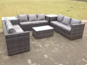 Fimous 9 Seater Outdoor Dark Grey Rattan Lounge Sofa Complete Set with Oblong Coffee Table and 2 Tall Side Tables