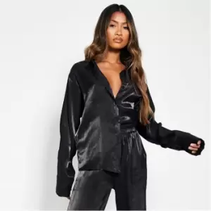 I Saw It First Oversized Shiny Satin Shirt Coord - Black