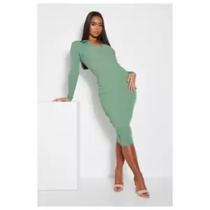 I Saw It First Seamless Rib Button Collar Detail Midi Dress - Green