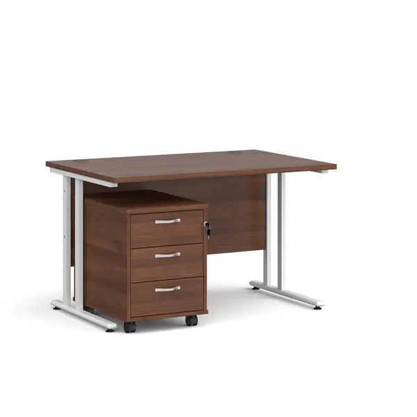 Maestro 25 Straight Desk White Frame Walnut Table Top and 3 Drawer Pedestal - 1200mm