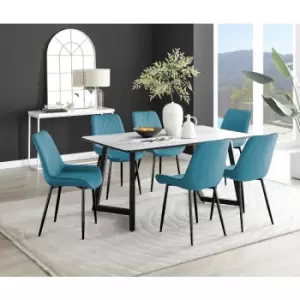 Furniturebox UK - Furniturebox Carson White Marble Effect Rectangular 160cm Dining Table & 6 Blue Pesaro Black Leg Velvet Chairs