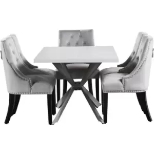 5 Pieces Life Interiors Windsor Duke Dining Set - a White Rectangular Dining Table and Set of 4 Light Grey Dining Chairs - Light Grey