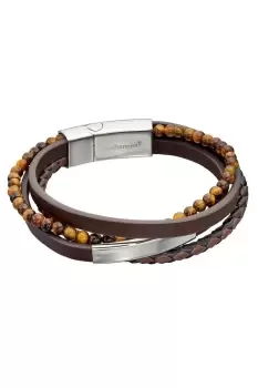 Multi Row Recycled Brown Leather Steel ID Bar & Tigers Eye Bead Bracelet 23cm