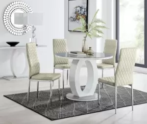 Giovani Round 4 Seat 100cm White High Gloss Halo Base Grey Glass Top Dining Table 4 Soft Velvet Silver Leg Milan Chairs