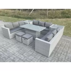 Fimous 9 Seater Outdoor Dark Grey Rattan Lounge Complete Sofa Set with Adjustable Dining Table, 2 Side Tables and 2 Stools