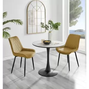 Furniturebox UK - Furniturebox Elina White Marble Effect Modern 80cm Round Dining Table & 2 Mustard Pesaro Black Leg Velvet Chairs