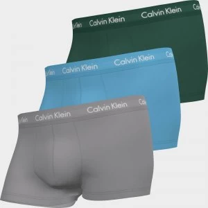 Calvin Klein Mens Cotton Stretch Low Rise 3 Pack Trunks with Contrast Waistband - Jade Sea/Sky High/Sleek Silver - L